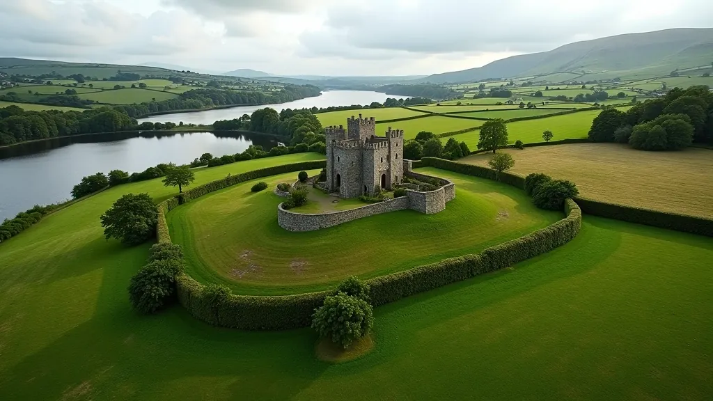 Aerial view of Craggaunowen Castle surrounded by reconstructed crannog village, green fields and Irish countryside landscape