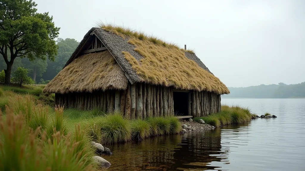 Ancient crannog reconstructed dwelling with thatched roof on lake shore, demonstrating Iron Age settlement architecture and construction methods