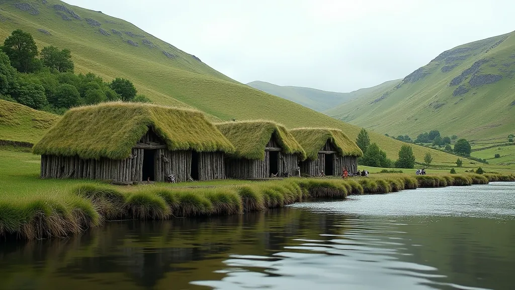 Ancient crannog settlement with water, archaeological reconstruction showing prehistoric lake dwelling