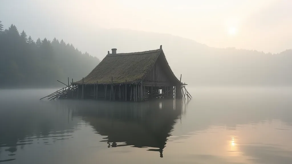 Ancient crannog structure rising from misty lake waters at dawn, reconstructed wooden dwelling on water, archaeological site landscape