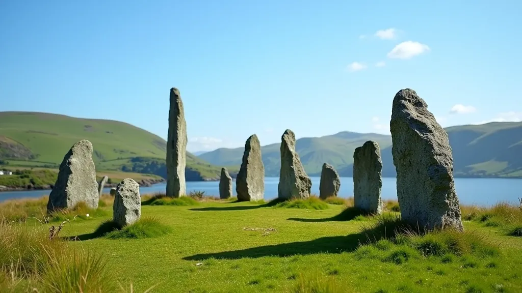 Ancient standing stone monuments at Lough Gur against blue sky with green fields and water visible in background