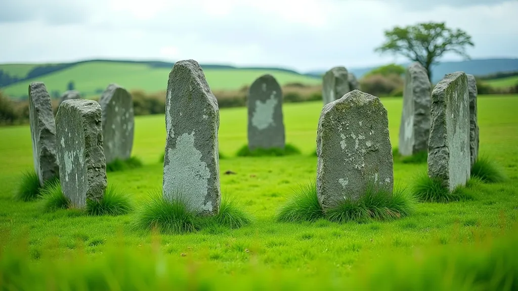 Ancient standing stones arranged in a circle, weathered gray rock against green grass, archaeological site in natural landscape