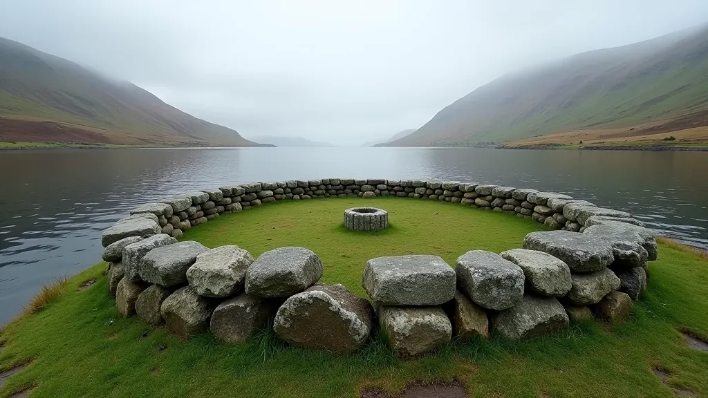 Ancient stone circle at Lough Gur surrounded by water and landscape