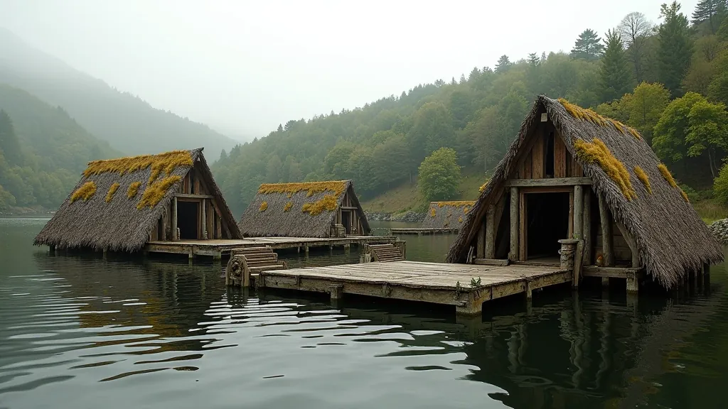 Ancient wooden structures in water, reconstructed crannog dwelling, archaeological interpretation
