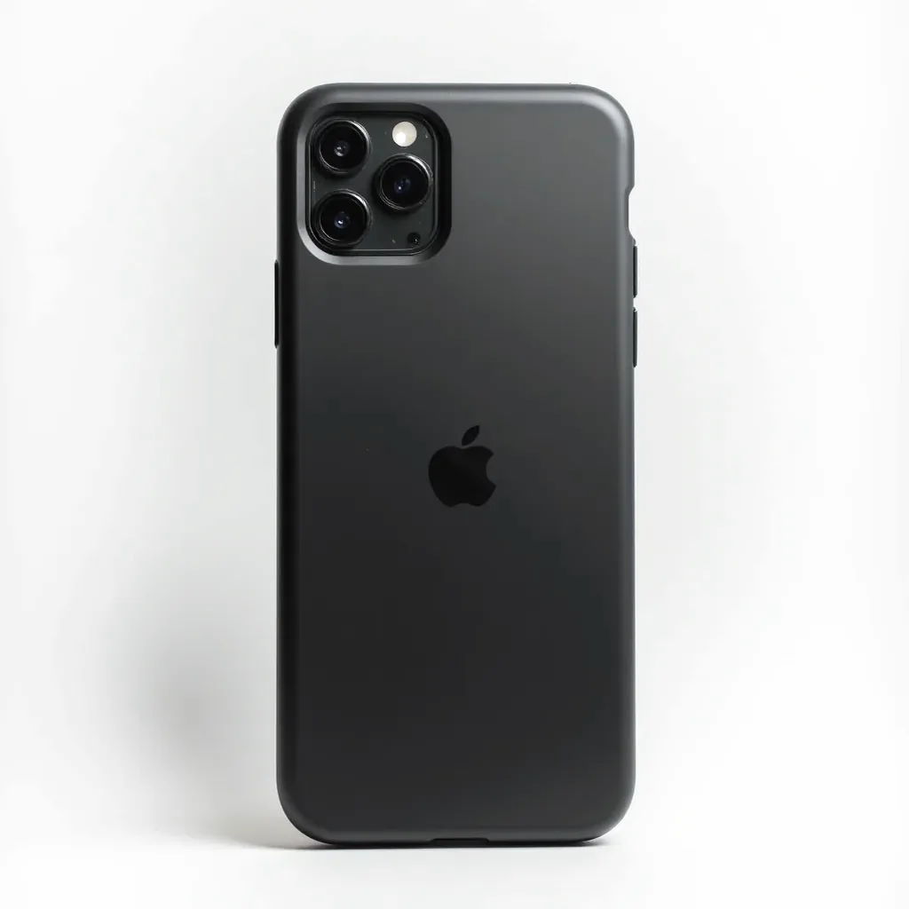 Black iPhone protective case with military-grade corner protection on white background, professional product shot