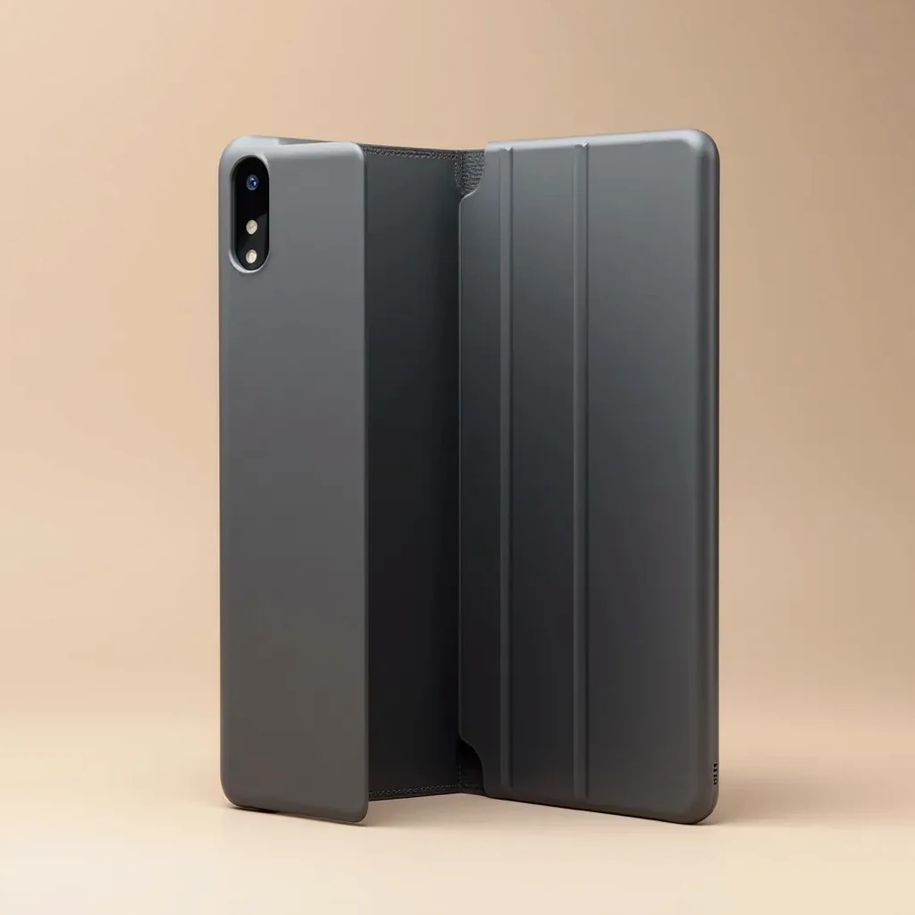 Charcoal grey tablet case displayed closed and open showing adjustable viewing stand on beige background, professional product photography showing interior lining