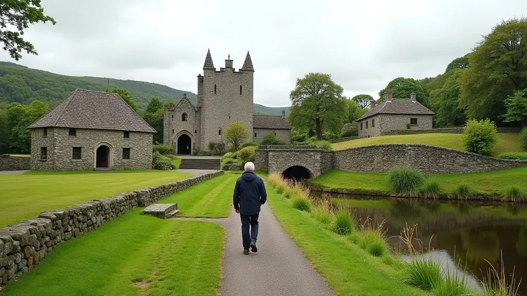 Craggaunowen Castle grounds with reconstructed buildings and landscape, visitor walking on heritage path