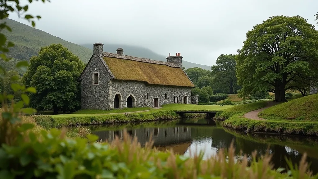 Craggaunowen Castle reconstructed village and heritage site with traditional buildings and archaeological features