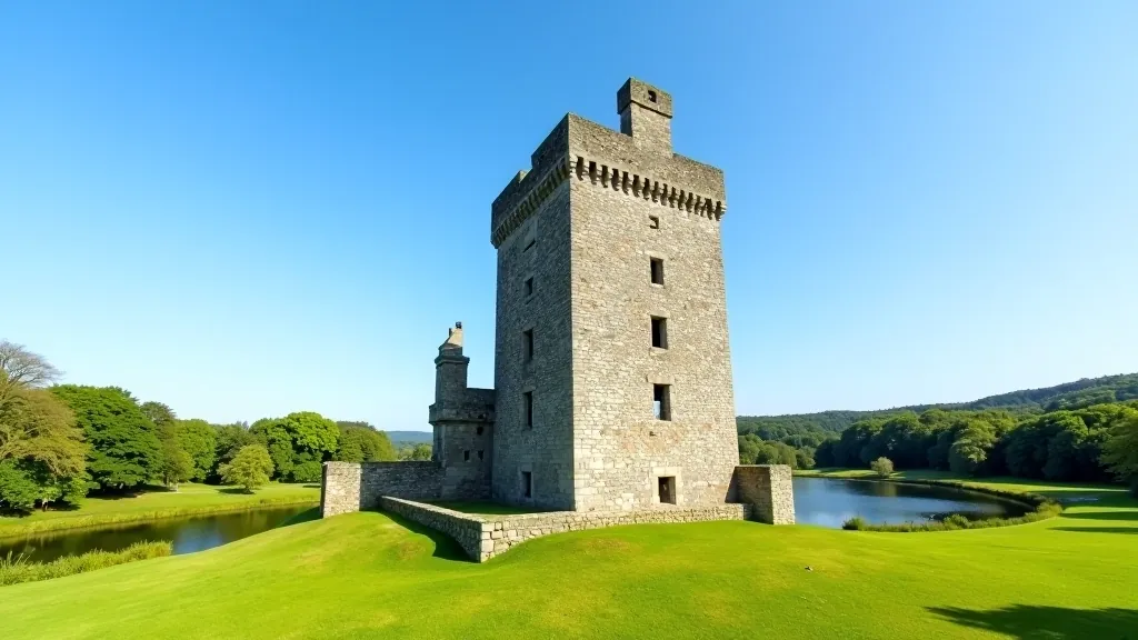 Stone tower house castle against blue sky with green fields and walking path visible, medieval Irish architecture, sunny day