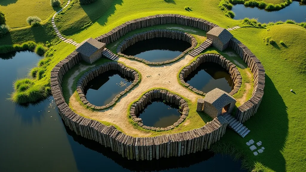 Exterior view of reconstructed crannog village with wooden palisade fence, multiple island structures connected by bridges, pond water and green surrounding landscape