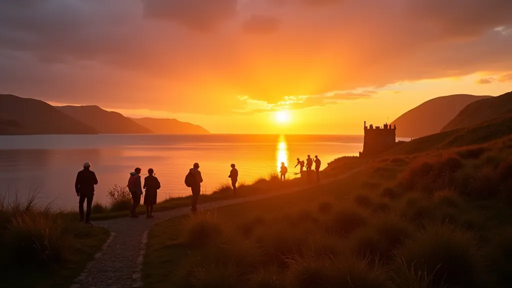 Golden hour sunset at heritage site with visitors silhouetted against landscape, dramatic sky, peaceful atmosphere