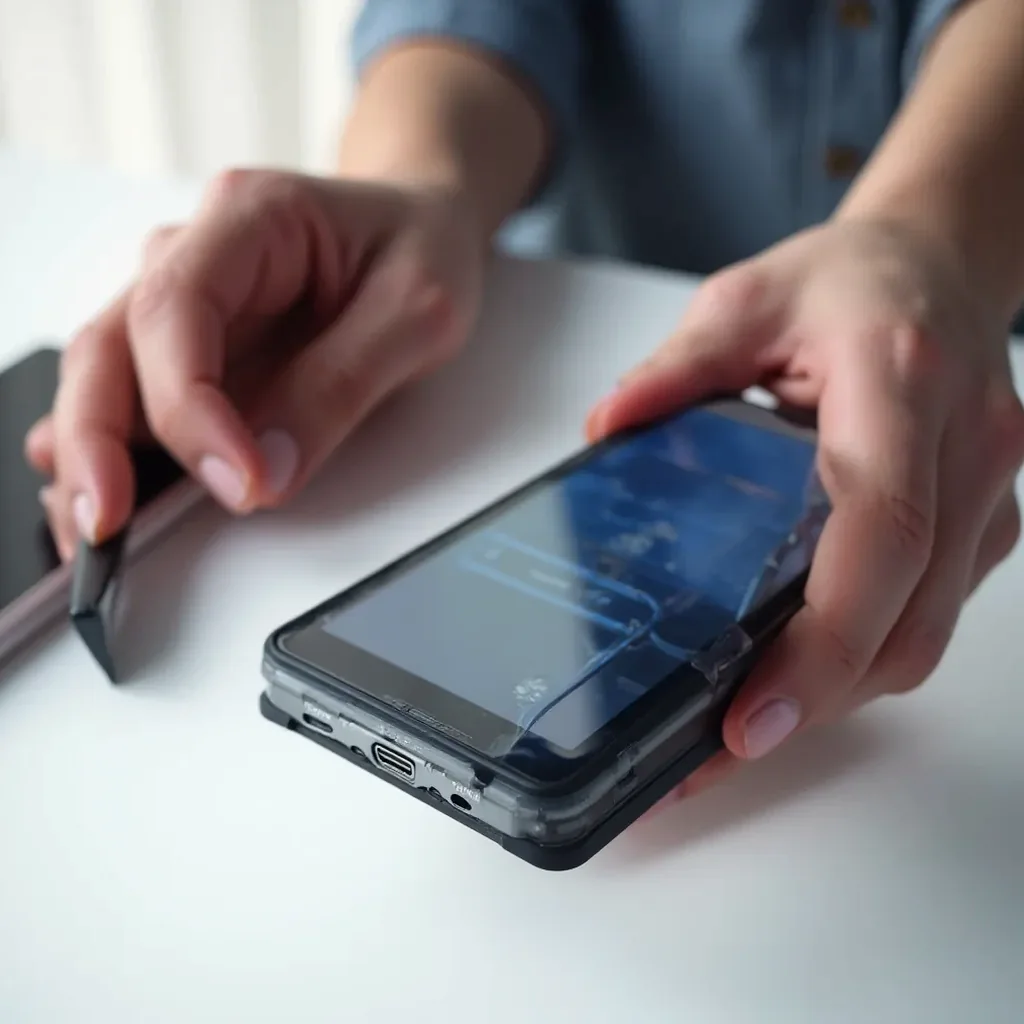 Hands carefully applying tempered glass screen protector to smartphone using squeegee tool, showing proper installation technique with alignment guides