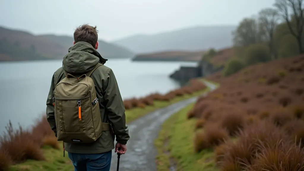 Hiker in waterproof jacket standing on heritage path with map, scenic lakeside background, natural outdoor lighting