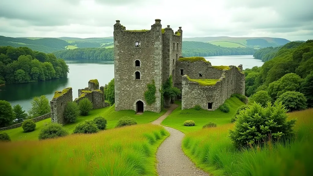 Historic castle ruins surrounded by green landscape, Craggaunowen estate walking path