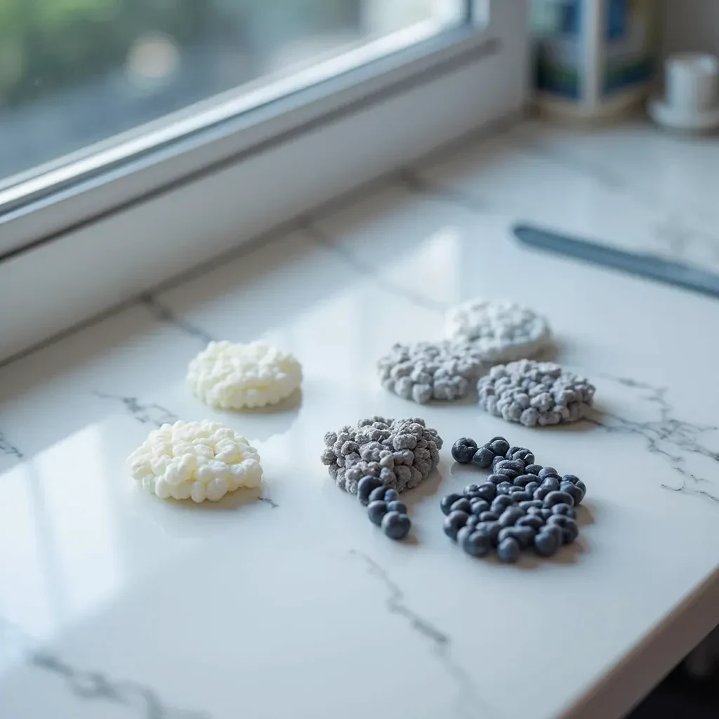 Raw materials used in protective case manufacturing: TPU polymers and polycarbonate samples displayed with technical documentation