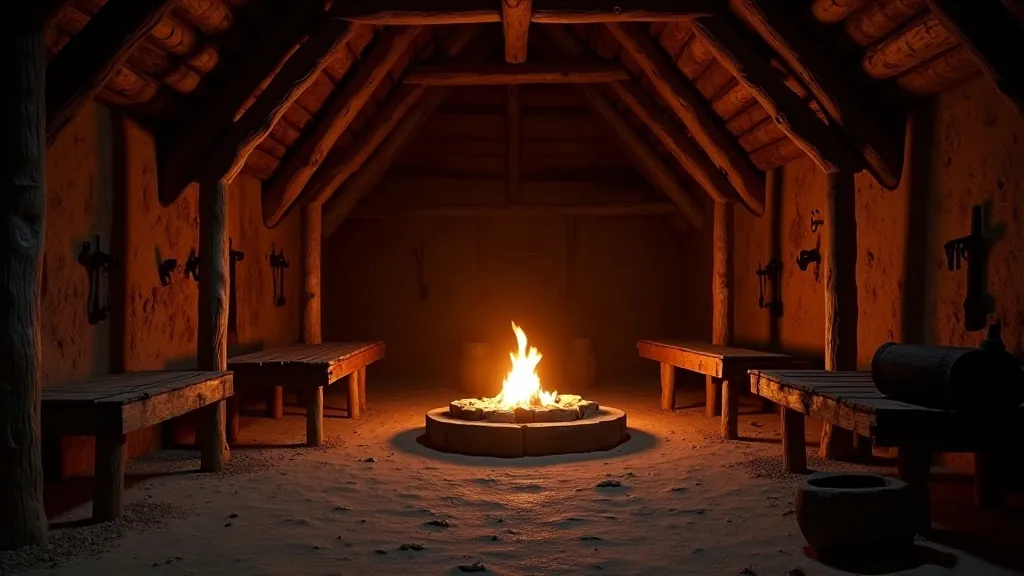 Interior of reconstructed Iron Age crannog dwelling showing central hearth, wooden posts, sleeping platforms and authentic period furnishings and tools