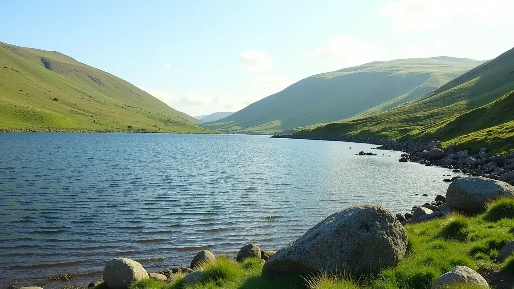 Lough Gur lake landscape with stone circles visible on shoreline, Bronze Age archaeological sites in green countryside, aerial perspective of heritage landscape