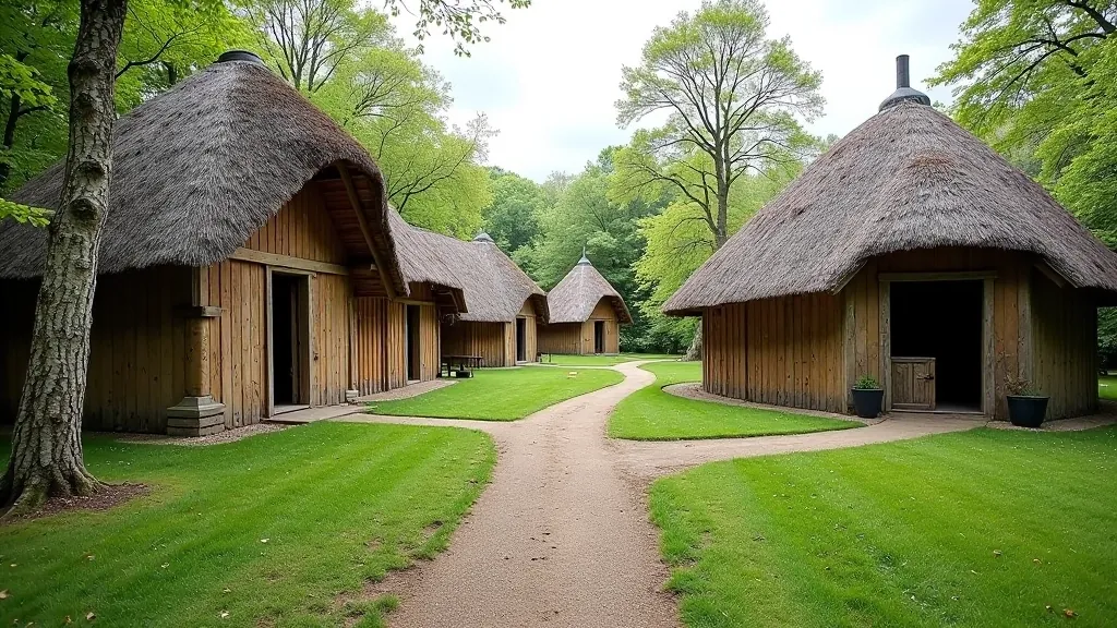 Reconstructed crannog village at Craggaunowen showing authentic Iron Age buildings with thatched roofs and wooden structures in natural setting