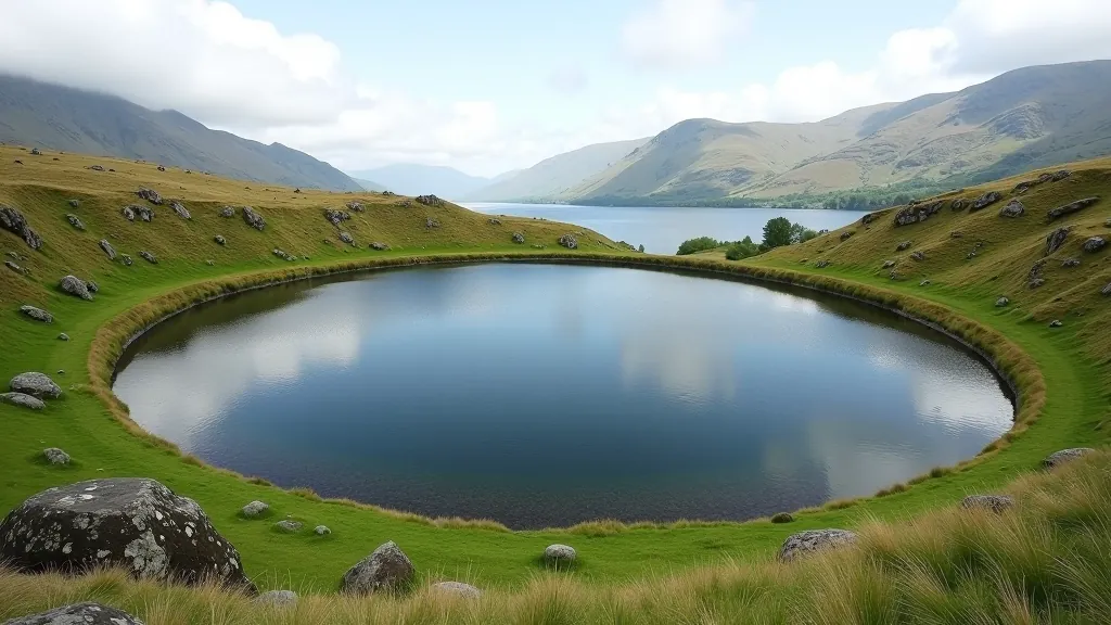 Lough Gur circular lake with stone circles and landscape, Bronze Age archaeological sites visible