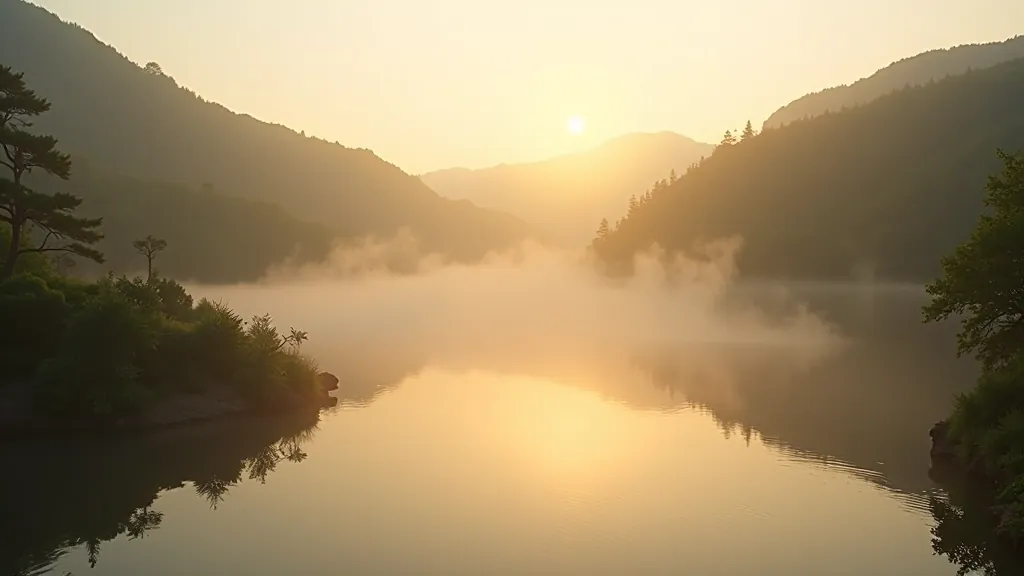 Lough Gur lake in early morning light with mist rising from water, golden sunrise colors, scenic landscape photography