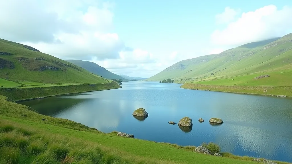 Lough Gur lake with ancient stone circles visible across the water, green landscape under blue sky, historic archaeological site in County Limerick
