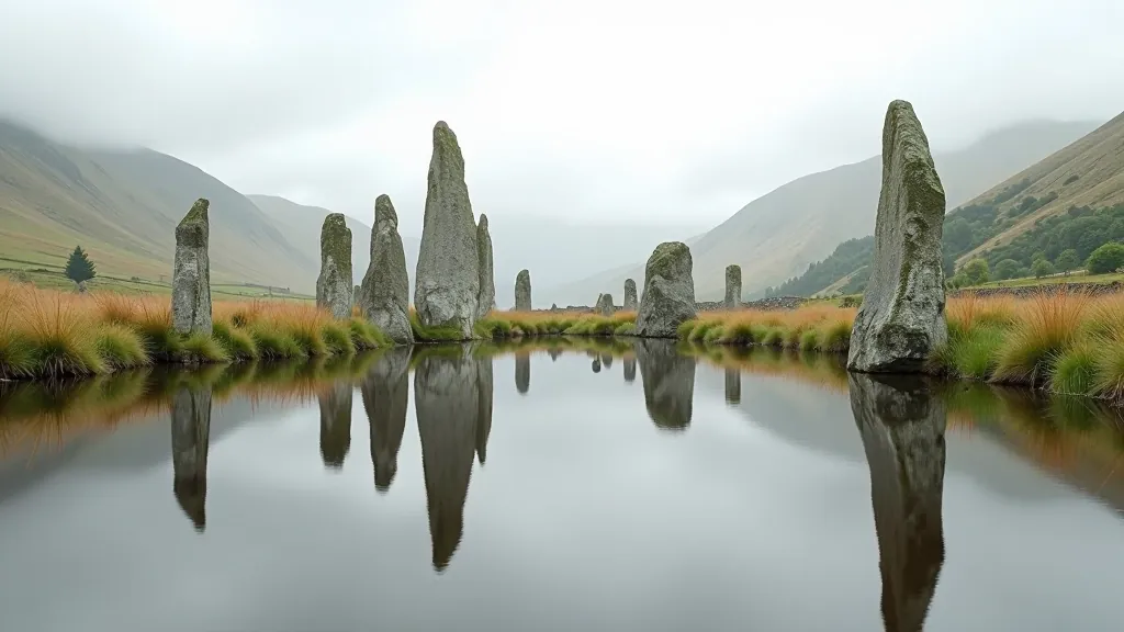 Lough Gur landscape with standing stones and Bronze Age monuments reflected in water, showing archaeological sites and interpretive center