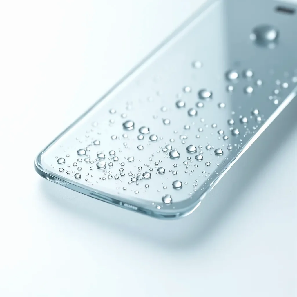 Close-up detail of tempered glass screen protector showing oleophobic coating surface with water droplets beading, highlighting anti-fingerprint properties