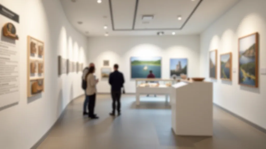 Interior of modern interpretive centre with museum displays, archaeological artifacts behind glass, educational signage on walls, visitors exploring