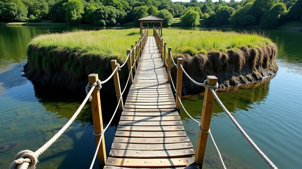 Wooden footbridge across water connecting to crannog island structure, narrow walkway with handrails, water reflection, natural setting