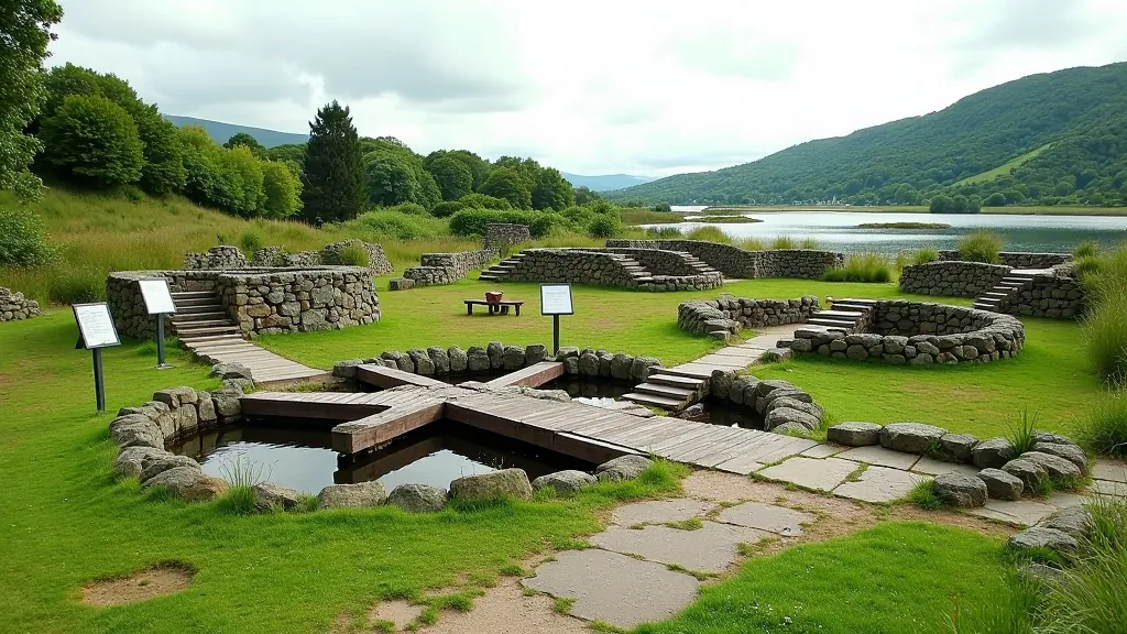 Archaeological excavation site at Lough Gur showing ancient crannog remains and interpretive center building with information panels