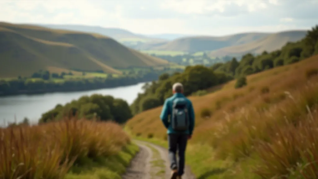 Hiker with backpack walking along lakeside path, green landscape, walking boots on dirt trail, outdoor recreation