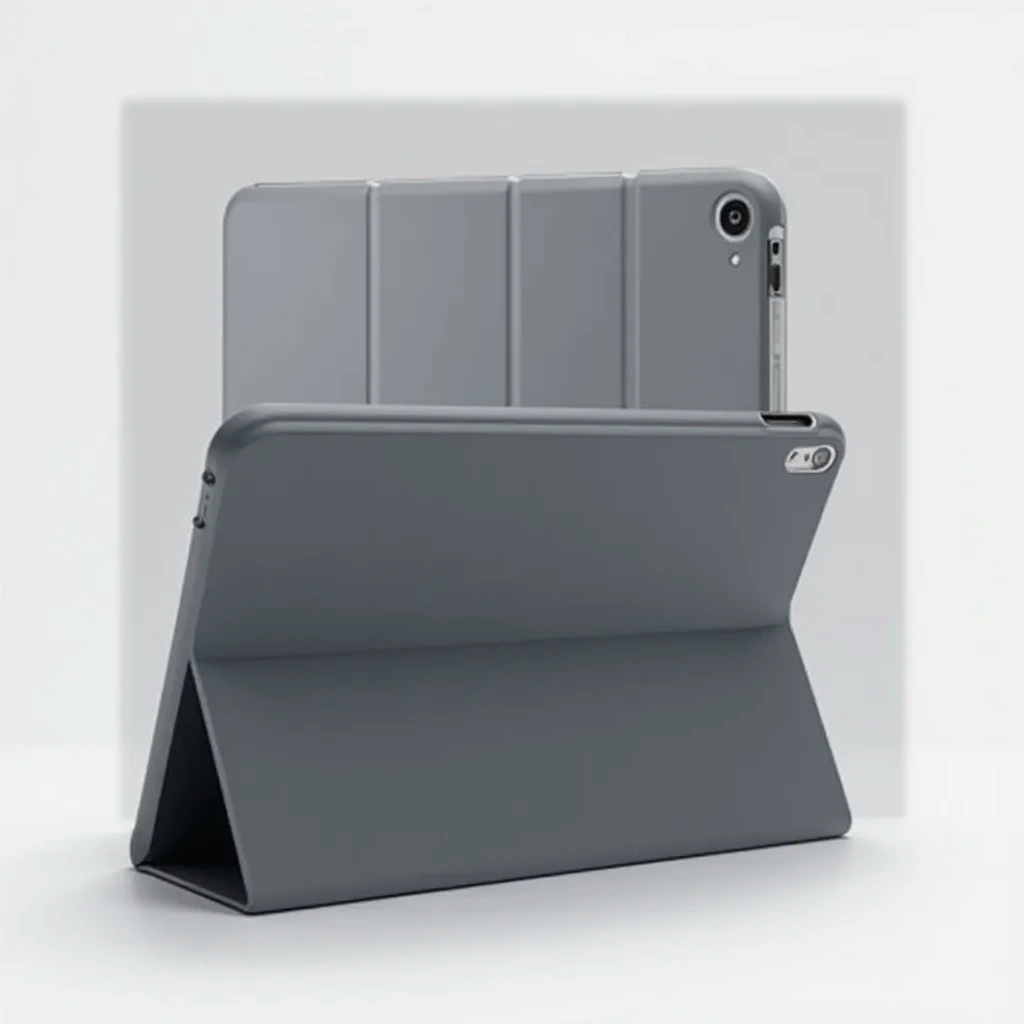 Tablet case with viewing stand positioned at multiple angles showing flexibility, professional product photography demonstrating landscape and portrait positioning