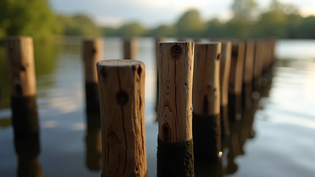 Close-up of reconstructed wooden post structure at crannog site, timber construction details showing joinery and preservation in waterlogged environment
