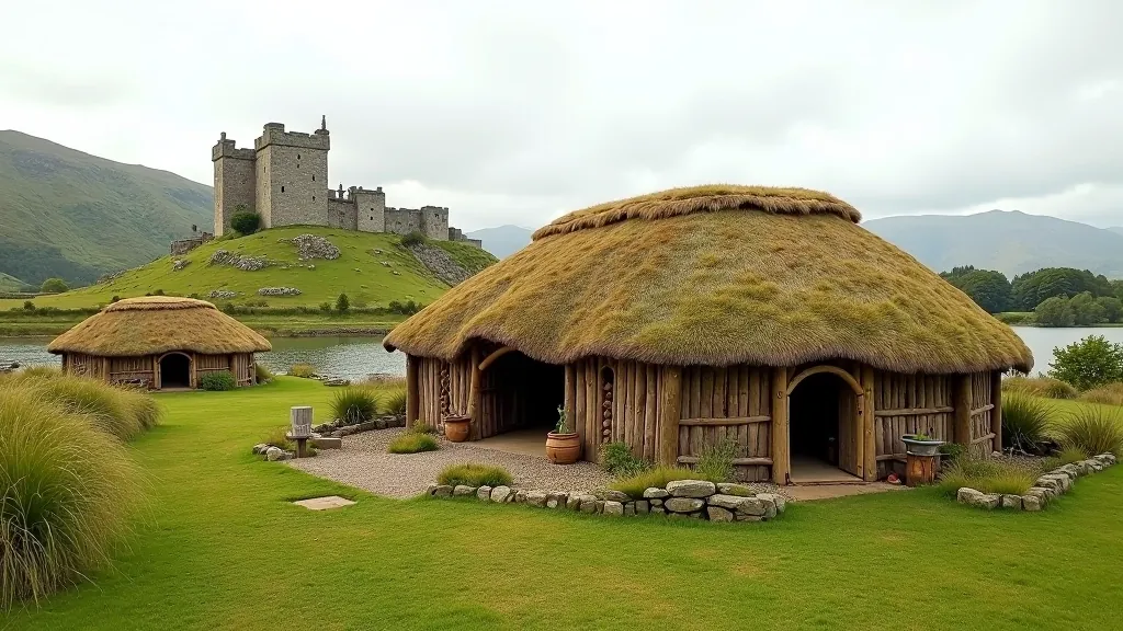 Craggaunowen Castle reconstructed Iron Age settlement with thatched roundhouse dwelling