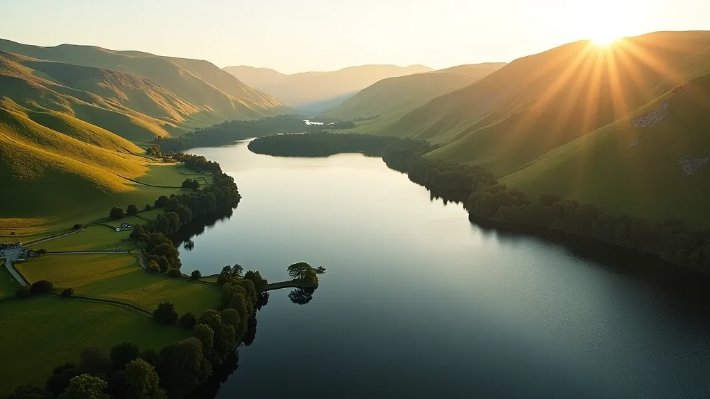 Aerial view of Lough Gur lake surrounded by green hills and ancient landscape in County Limerick