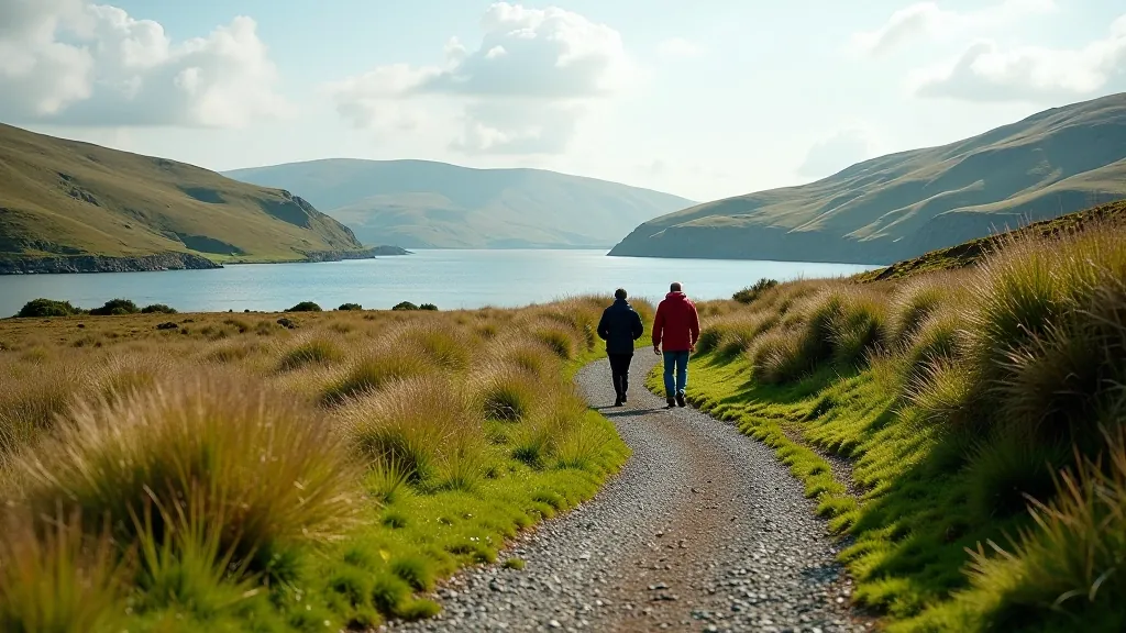 Scenic heritage site path with visitors exploring ancient crannóg ruins and lakeside landscape near Craggaunowen