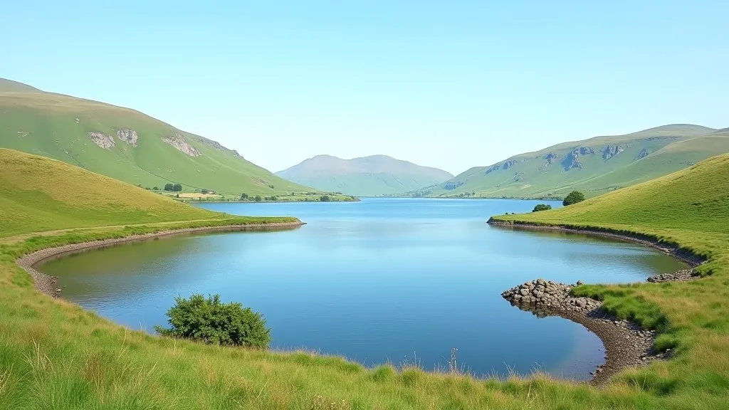 Panoramic view of Lough Gur lake with ancient stone circle and rolling green hills under clear sky