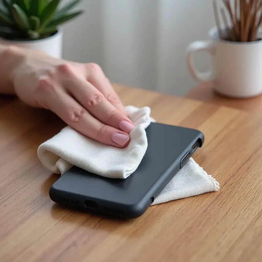Protective case being cleaned with soft cloth, showing proper care and maintenance technique