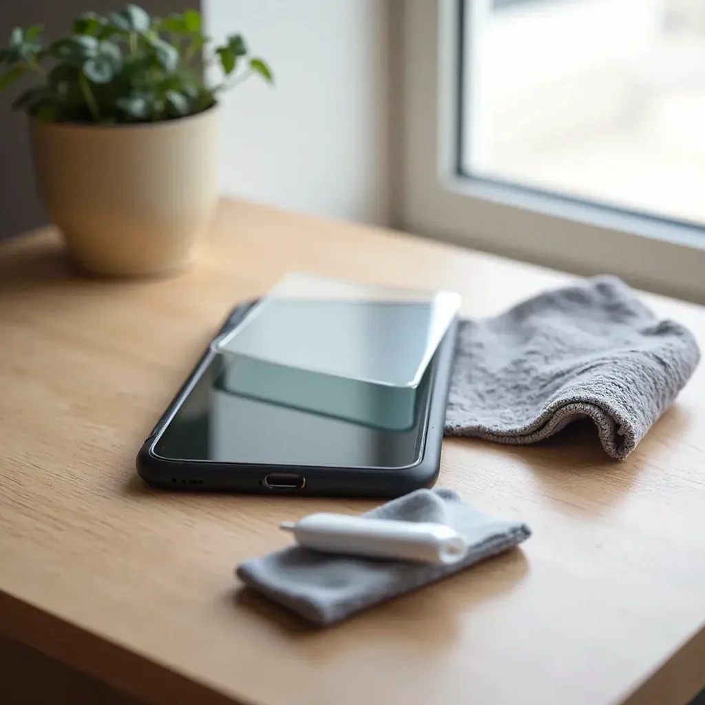 Smartphone with tempered glass protector on clean wooden desk with soft microfiber cloth, demonstrating proper care and maintenance