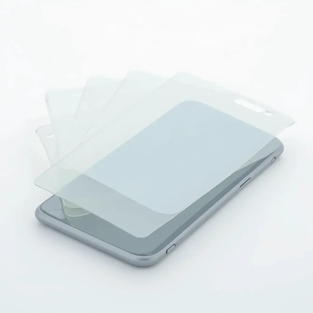 Pack of tempered glass screen protectors with oleophobic coating displayed on light background, professional product photography